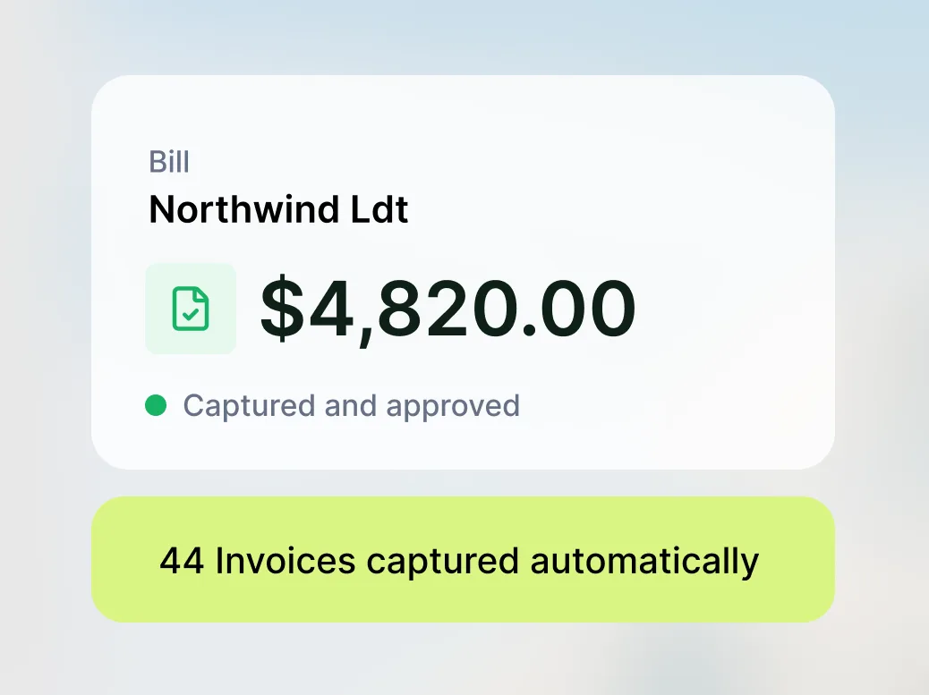 A bill from Northwind for $4,820 marked captured and approved, with 44 invoices captured automatically