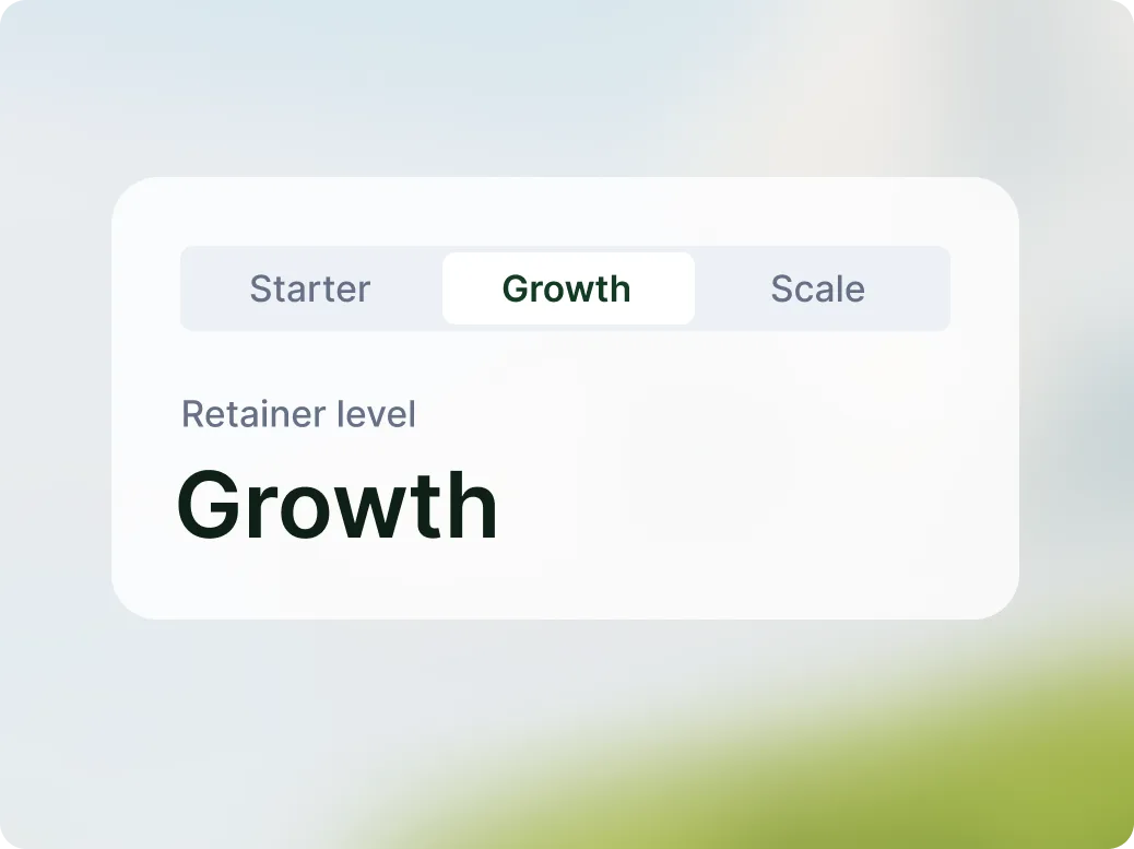 A retainer level selector with Starter, Growth and Scale, with Growth selected